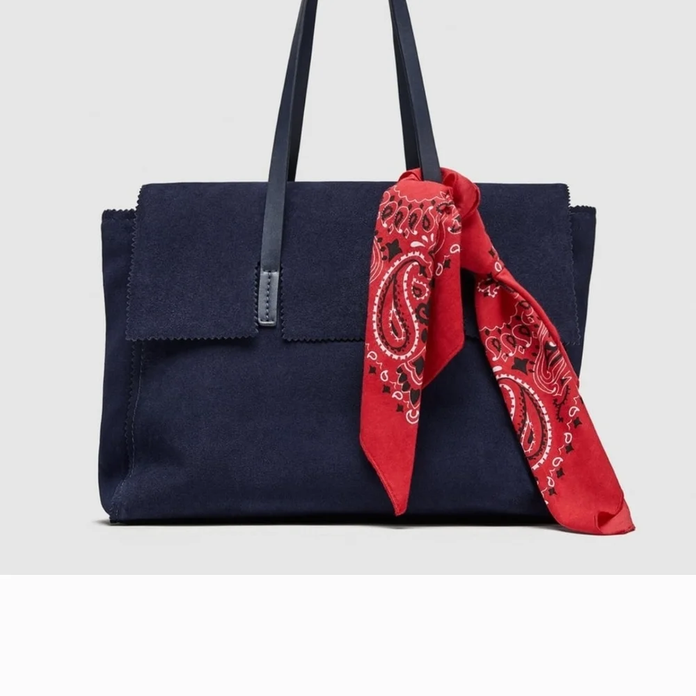 Zara Navy Blue Satchel with Red Scarf Accent does not have the red cloth - Picture 4 of 12